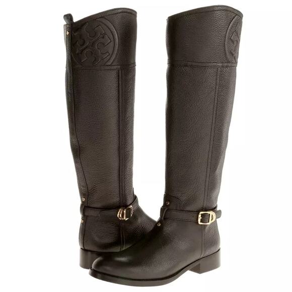Tory Burch MARLENE Brown Logo Riding Boot Flat Equestrian Sz - Picture 1 of 9